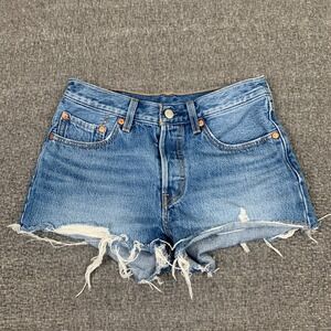 Levis 501 Shorts Womens 26 Blue Button Fly Premium Denim Cut Off Medium Wash